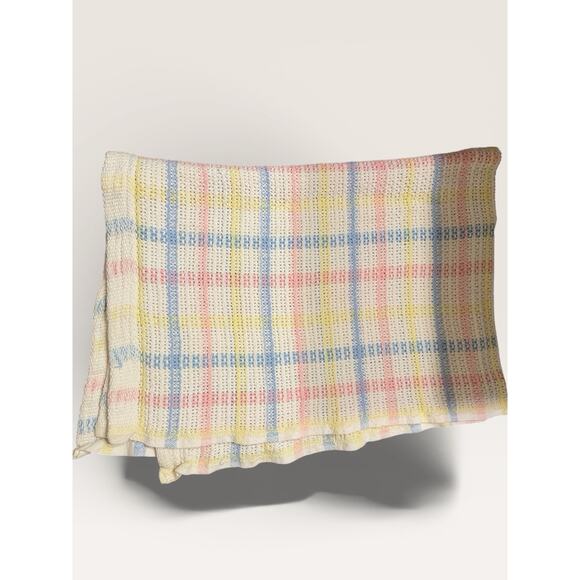 Vtg Cotton Woven Baby Blanket Pastel Plaid Pink Blue Yellow 55” x 36” Cottage - Picture 3 of 5